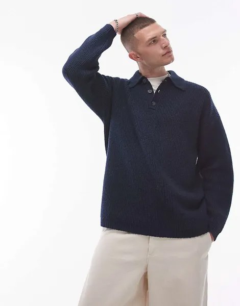 Topman – темно-синий вязаный свитер свободного кроя с воротником-поло