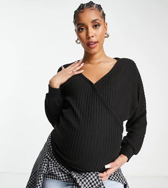 Черный топ в рубчик с запахом и удлиненным нижним краем New Look Maternity