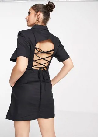 Черное платье-рубашка мини с открытой спиной и бретелями Lola May-Черный цвет