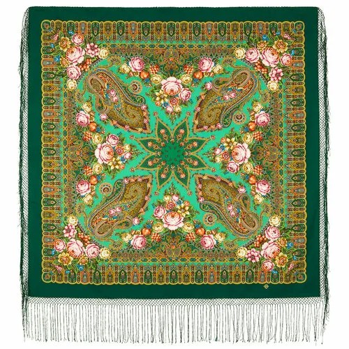 Платок Павловопосадская платочная мануфактура,148х148 см, зеленый, розовый