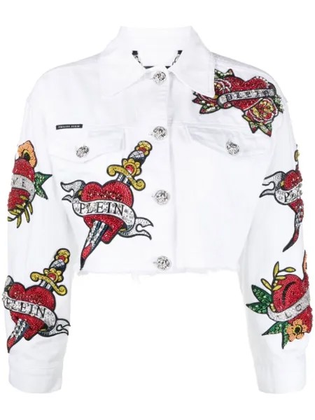 Philipp Plein cropped Love denim jacket, белый