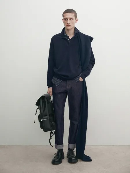 Свитер-Поло из смесовой шерсти Massimo Dutti, синий