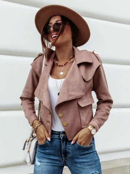 Milanoo Women Jackets Turndown Collar Front Button Casual Dark Pink Short Jacket