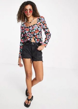 Блузка с квадратным вырезом и винтажным цветочным принтом Nobody's Child-Черный цвет
