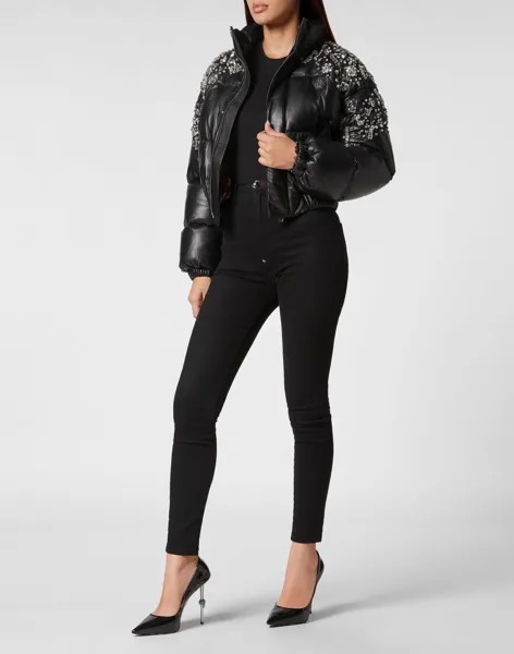 Кожаная куртка-пуховик Кристалл Philipp Plein, черный