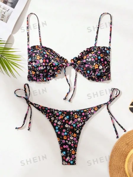 Купальник текстурированный Shein Swim Bae, черный / фиолетовый