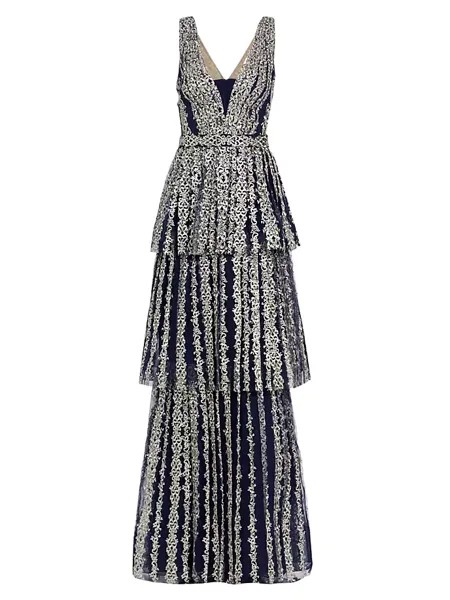 Многоярусное платье с металлизированной филигранью Marchesa Notte, синий