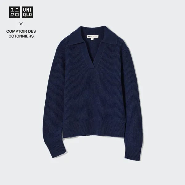 Comptoir des Cotonniers Вязаная рубашка-поло из овечьей шерсти Uniqlo, темно-синий