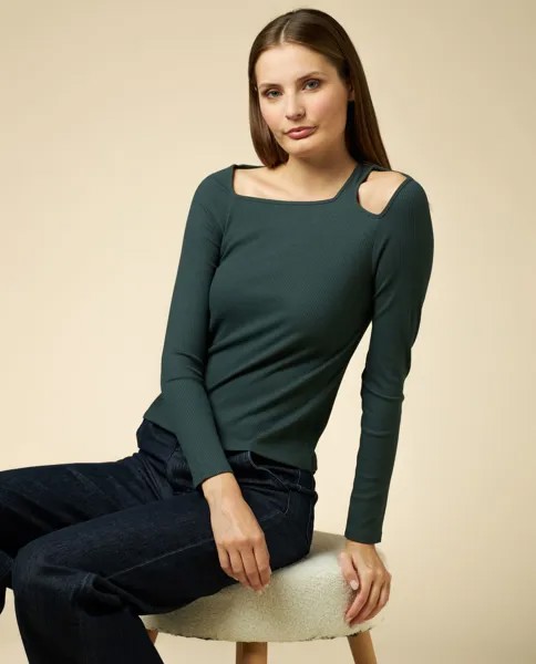 Женская футболка в рубчик с вырезом на плече NICE&CHIC, зеленый