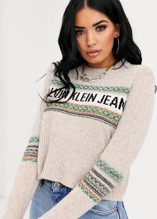 Джемпер с традиционным узором Фэйр-Айл и логотипом Calvin Klein Jeans-Серый