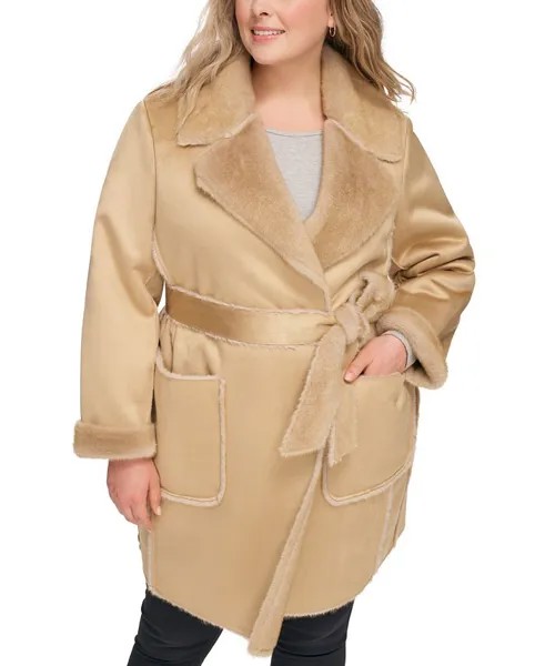 Женское пальто больших размеров из искусственной дубленки с поясом и зубчатым воротником DKNY, тан/бежевый
