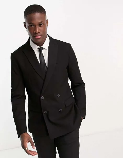 Черный двубортный узкий пиджак New Look