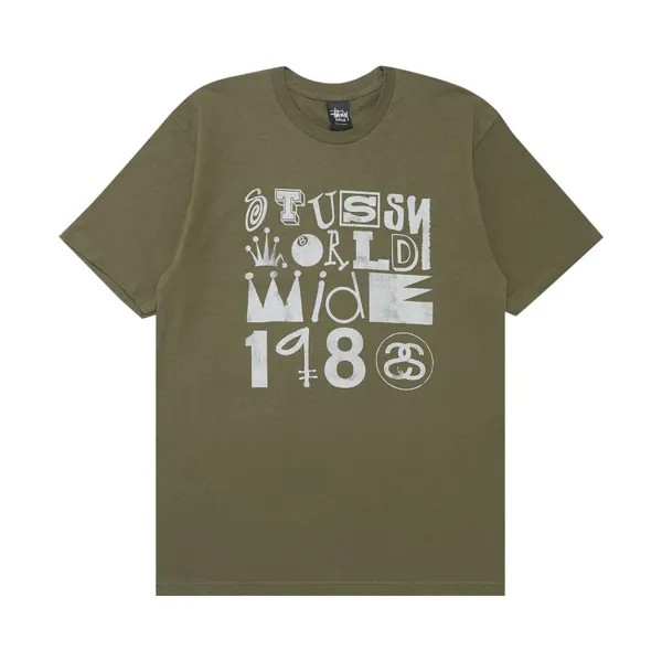 Футболка Stussy World Wide 1980 Multifont 'Olive', зеленый