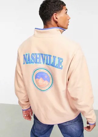 Oversized-свитшот из флиса с короткой молнией и принтом названия города на груди и спине ASOS DESIGN-Светло-бежевый цвет
