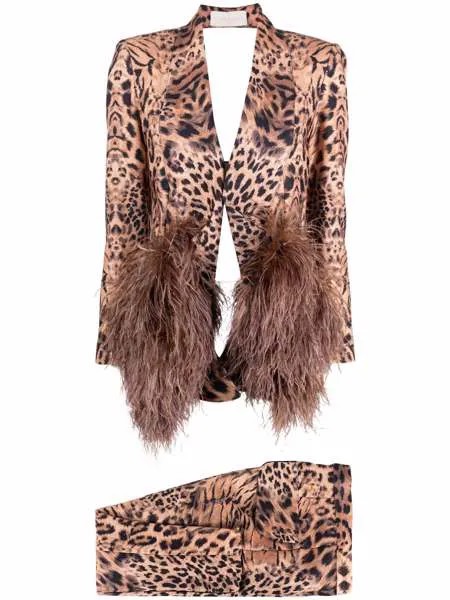Loulou leopard-print feather-trim trouser suit