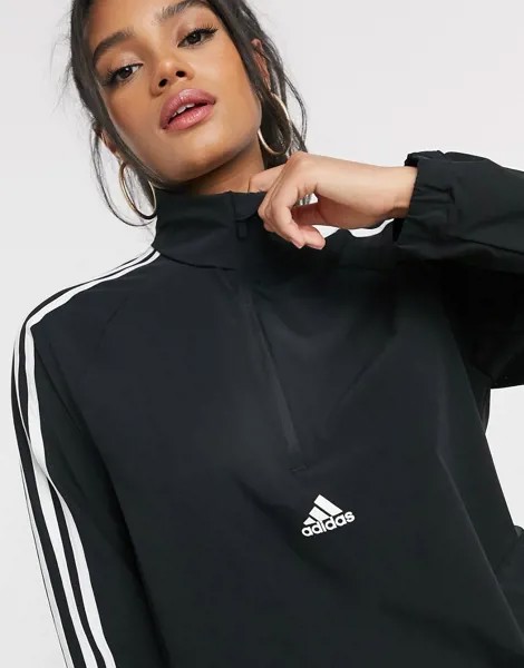 Черный свитшот с короткой молнией и тремя полосками adidas Training