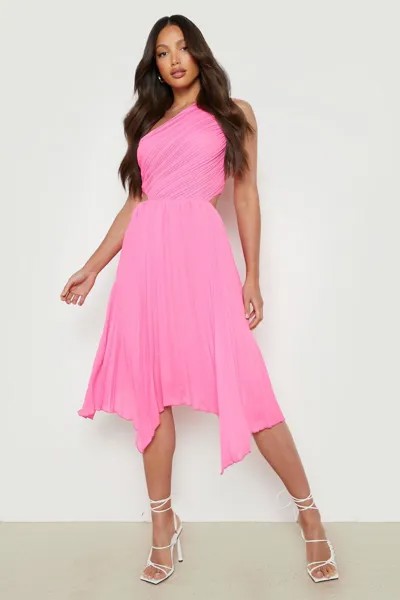 Высокое плиссированное платье миди на одно плечо Boohoo, розовый