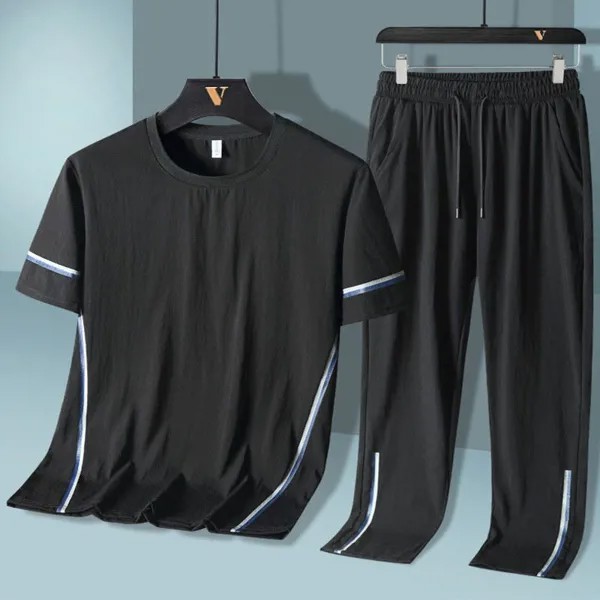 Комплекты мужские из двух предметов, футболка в стиле пэчворк, мешковатые модные брюки, Красивые японские Стильные повседневные летние корейские костюмы T49