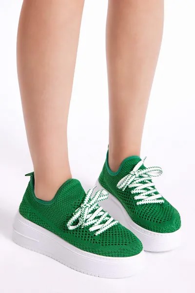 Женские зеленые удобные трикотажные кроссовки на высокой подошве со шнуровкой TONNY BLACK