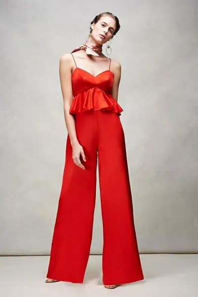 AMUR Красный атласный комбинезон с баской и рюшами и широкими брюками Платье 4 Автопортрет