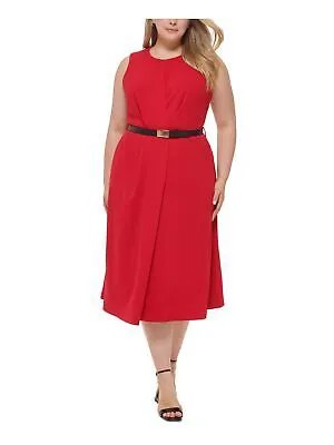 CALVIN KLEIN Женское красное платье-трапеция миди без подкладки без рукавов с поясом плюс 18W