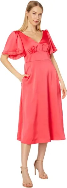 Атласное платье миди с креповыми рукавами и развевающимися рукавами Vince Camuto, цвет Hot Coral