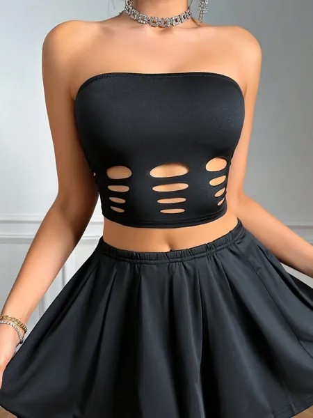 SHEIN SXY женская рубашка без бретелек, однотонная, с вырезами, черный цвет