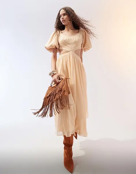 ASOS DESIGN Бежевое платье миди из твила и корсета с вырезом и объемными рукавами с узкими манжетами
