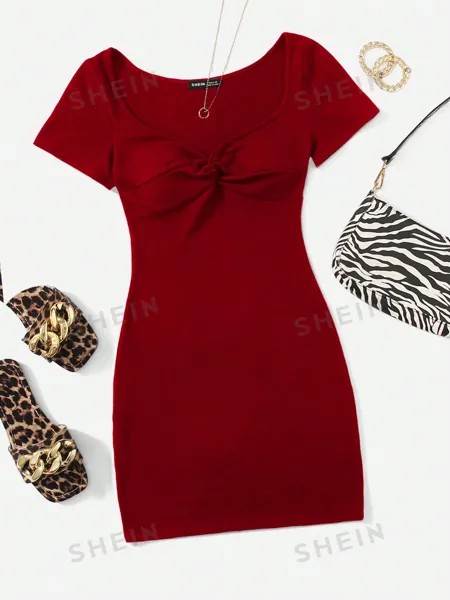 SHEIN PETITE Женское платье с вырезом сердечком и короткими рукавами, красный