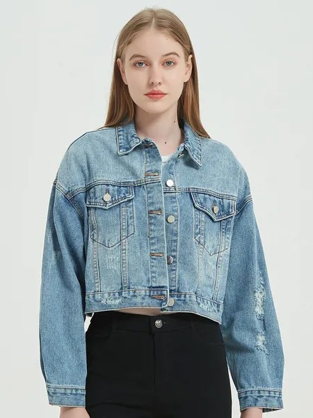 Milanoo Women Denim Jackets Turndown Collar Long Sleeves Front Button Cowboy Pockets Street Wear Ove