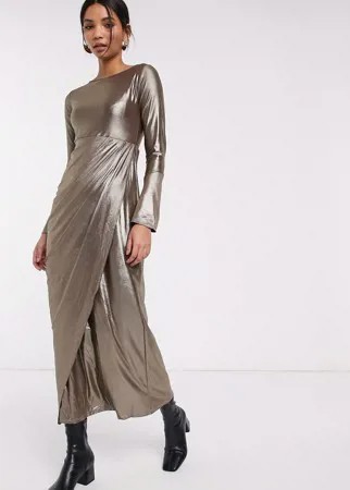 Серебристое блестящее платье макси с драпировкой Verona-Черный