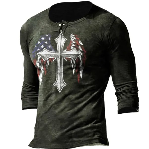 Мужская рубашка с пуговицами Henley с изображением Иисуса Cross American Flag Liberty Eagle