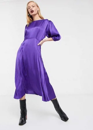 Атласное чайное платье миди с пышными рукавами ASOS WHITE-Фиолетовый