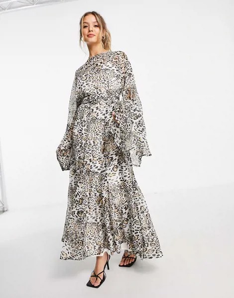 Расклешенное платье макси с рукавами клеш и леопардовым принтом ASOS DESIGN-Разноцветный