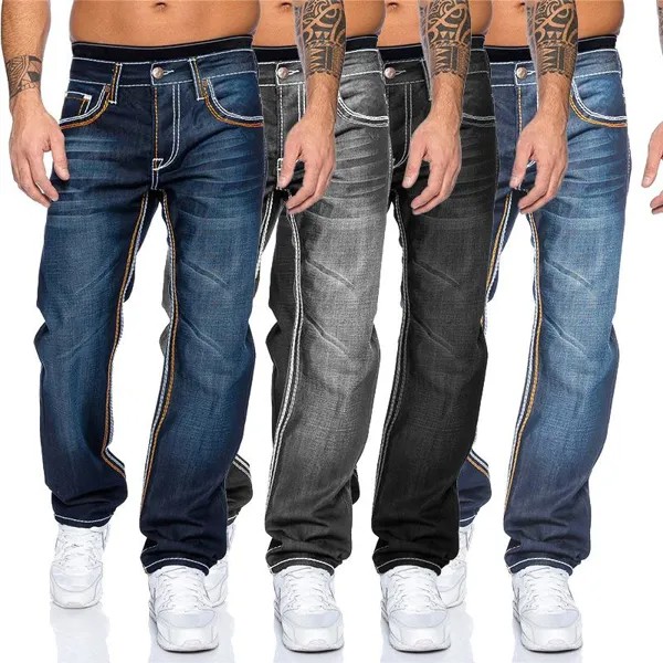 Винтаж Мужские прямые джинсовые брюки Повседневные длинные выстиранные джинсы плюс размер