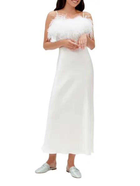 Атласное платье-комбинация Boheme со страусиными перьями Sleeper, белый