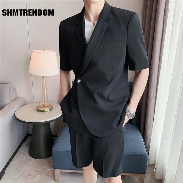 Костюм 2023 мужской модный однотонный деловой повседневный костюм Мужская Уличная одежда дикие свободные корейские шорты костюм мужской летний
