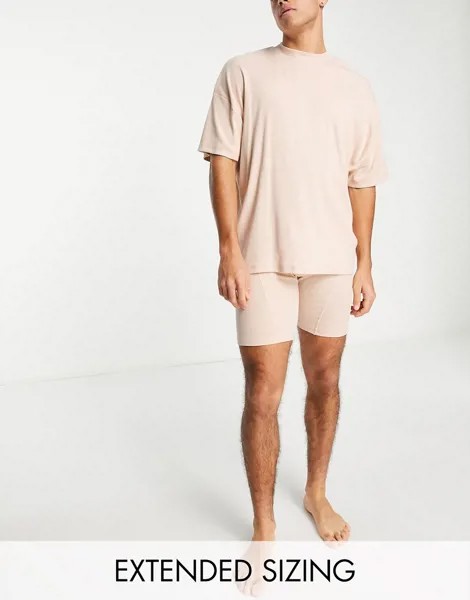 Коричневый однотонный пижамный комплект из oversized-футболки и шортов ASOS DESIGN-Светло-бежевый цвет