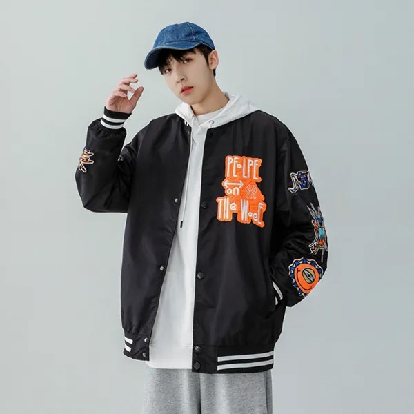 Куртка мужская зимняя в стиле хип-хоп, парка-бомбер с вышивкой, ветровка оверсайз, уличная одежда в стиле Харадзюку, с подкладкой, верхняя одежда в стиле хипстер