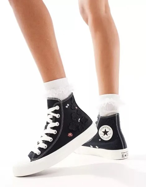 Черные кроссовки Converse Chuck Taylor All Star с широкими шнурками и цветами из органзы