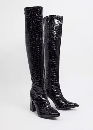 Черные сапоги на высоком каблуке с заостренным носком и отделкой под кожу крокодила Truffle Collection-Черный цвет