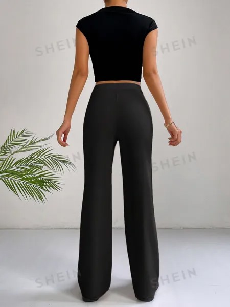 SHEIN EZwear Однотонные широкие брюки для повседневной, черный
