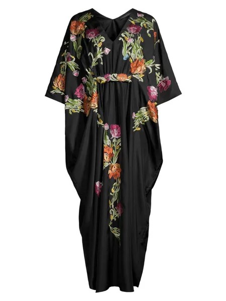 Атласное платье макси с вышивкой Shinjo Josie Natori, черный