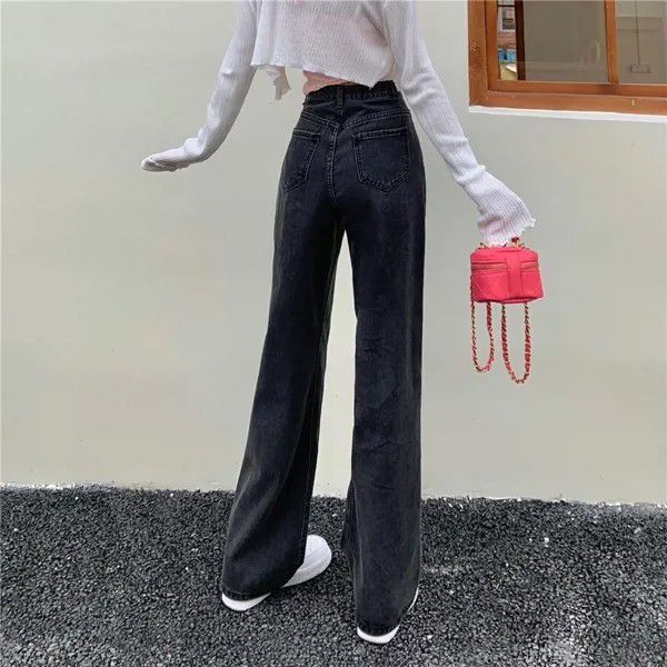 N2562 новая Корейская версия ретро Мода Высокая талия тонкие прямые широкие брюки джинсы