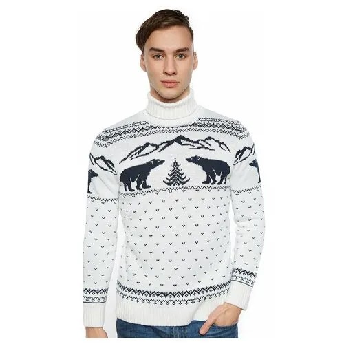 Шерстяной свитер с высоким горлом, скандинавский орнамент с Медведями, натуральная шерсть, белый цвет, размер XL
