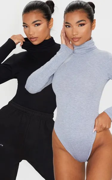 PrettyLittleThing Набор базовых боди из смеси хлопка черного и серого цвета с высоким воротником (2 шт.)
