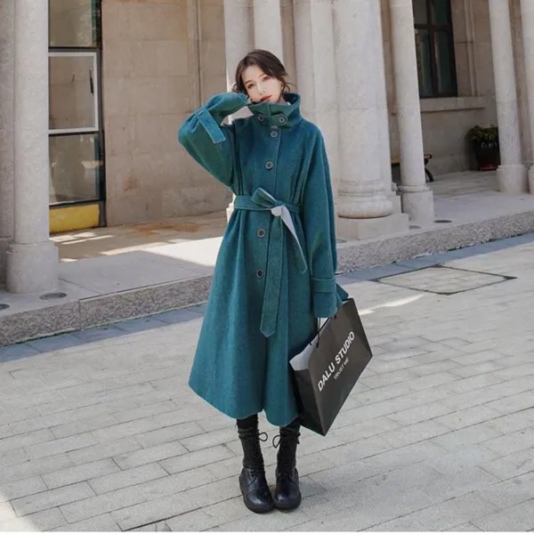 Женская Зимняя шерстяная куртка, однобортная Корейская Свободная Повседневная Зеленая куртка на шнуровке, женское плотное теплое высокока...