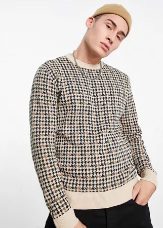 Коричневый джемпер с узором «гусиная лапка» Jack & Jones Originals-Светло-бежевый цвет