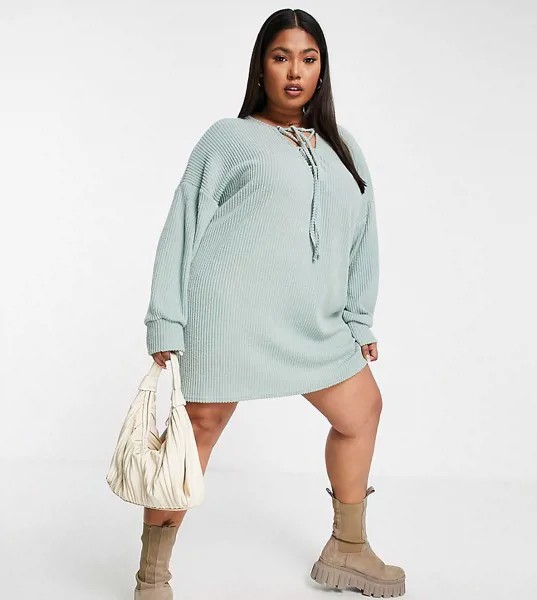 Мятное платье мини в рубчик со шнуровкой ASOS DESIGN Curve-Серый