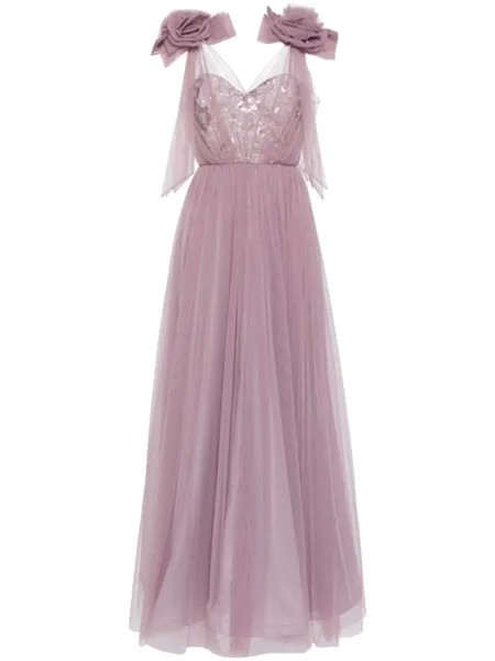 Платье из тюля с цветочной аппликацией Badgley Mischka, фиолетовый